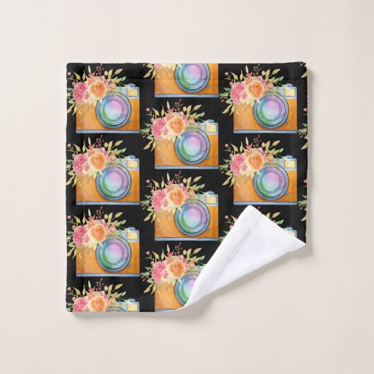 Waterverf Boho Oranje Camera & Flowers Patroon Bad Handdoek (Wasdoekje)