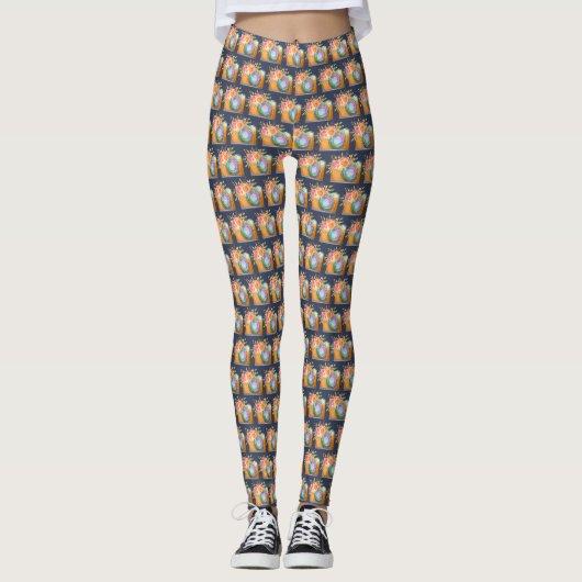 Waterverf Boho Oranje Camera & Flowers Patroon Leggings (Voorkant)