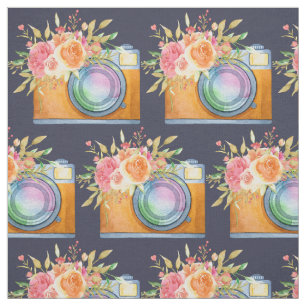 Waterverf Boho Oranje Camera & Flowers Patroon Stof
