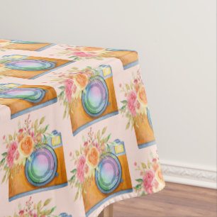 Waterverf Boho Oranje Camera & Flowers Patroon Tafelkleed