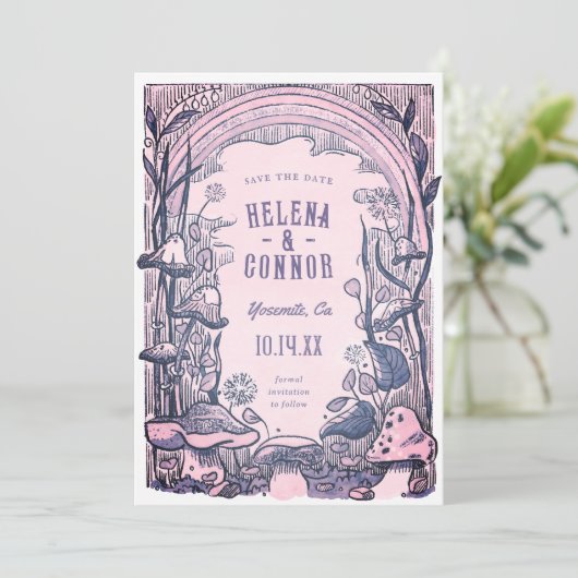 Waterverf Boho Paddenstoelen Paarse Retro Save The Date (Staand voorkant)