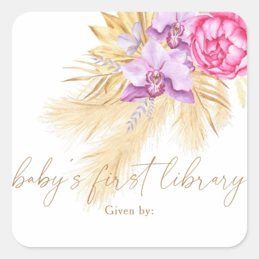 Waterverf boho pampas grass, Baby's eerste bibliot Vierkante Sticker (Voorkant)