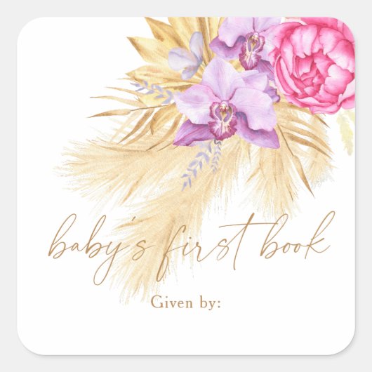 Waterverf boho pampas grass - Baby's eerste boek Vierkante Sticker (Voorkant)