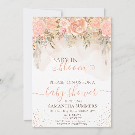 Waterverf Boho-peach in Bloom Flower Baby shower Kaart (Voorkant)