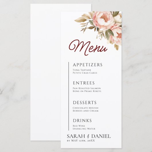 Waterverf Boho Peonies Floral Wedding Menu (Voorkant / Achterkant)