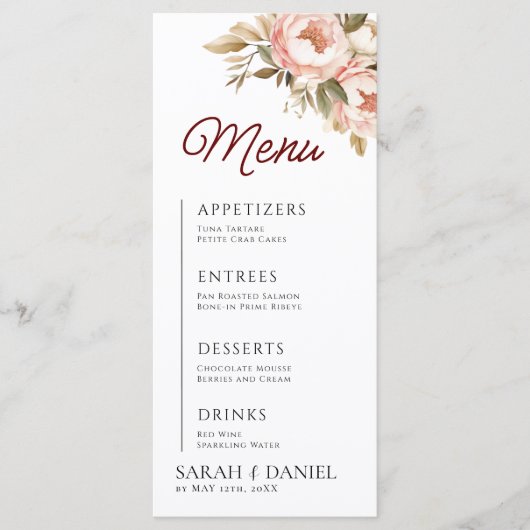 Waterverf Boho Peonies Floral Wedding Menu (Voorkant)
