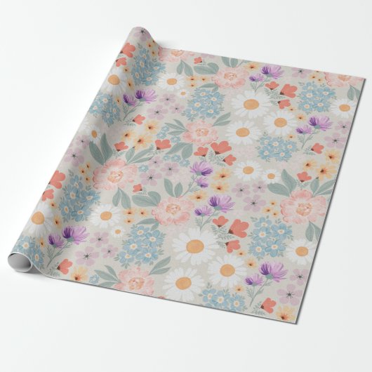 Waterverf Boho Pink Floral Cadeaupapier (Uitgerold)
