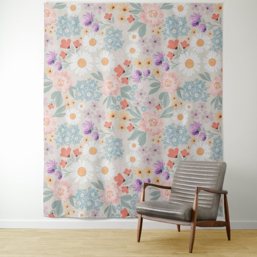 Waterverf Boho Pink Floral Wandkleed (In situ)