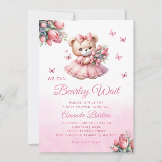 Waterverf Boho Pink Teddy Bear Meisje Baby shower Kaart (Voorkant)