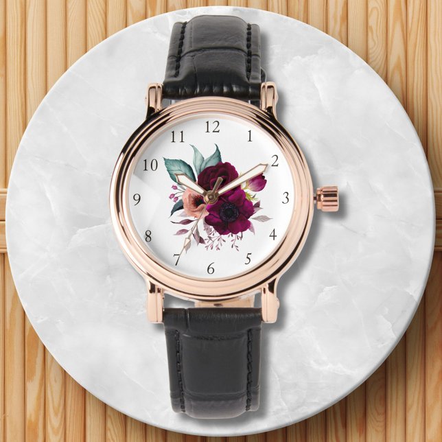 Waterverf  Boho Purple Flowers Bloemen Horloge (Close up)