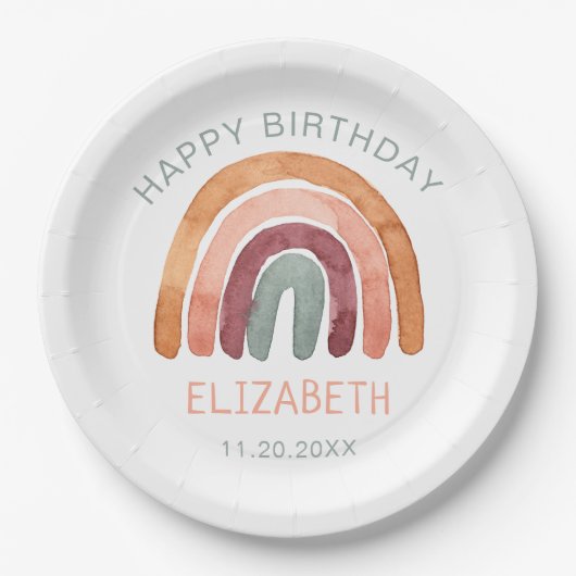 Waterverf Boho Rainbow Happy Birthday Papieren Bordje (Voorkant)