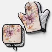 Waterverf Boho Roze Bloemen Elegant Stijlvol Ovenwant & Pannenlap Set (Voorkant / Achterkant)