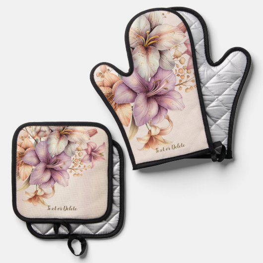 Waterverf Boho Roze Bloemen Elegant Stijlvol Ovenwant & Pannenlap Set (Voorkant / Achterkant)