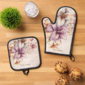 Waterverf Boho Roze Bloemen Elegant Stijlvol Ovenwant & Pannenlap Set (Top down)
