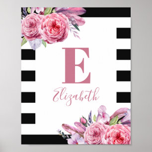 Waterverf boho roze bloemen. Nursery monogram Poster