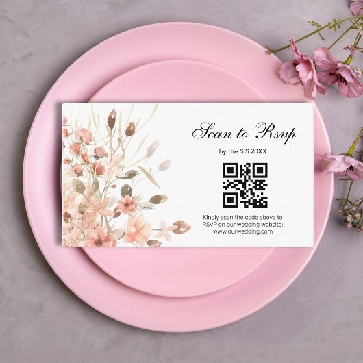waterverf Boho Roze Bloemen RSVP QR Code Huwelijk Informatiekaartje