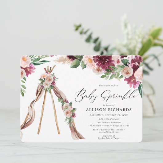 Waterverf Boho roze bordeaux floral baby strooien Kaart (Staand voorkant)