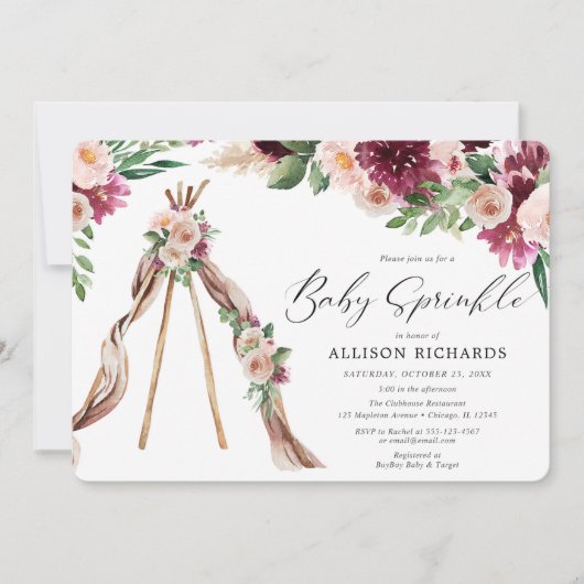 Waterverf Boho roze bordeaux floral baby strooien Kaart (Voorkant)