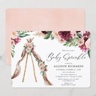 Waterverf Boho roze bordeaux floral baby strooien Kaart