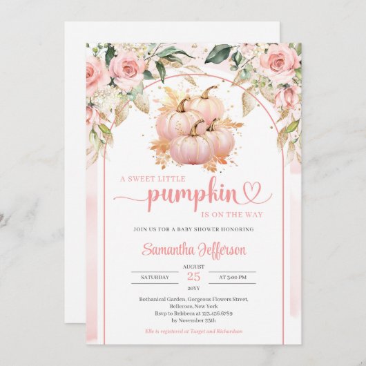 Waterverf boho roze en gouden pompoenboog bloemenp kaart (Voorkant / Achterkant)