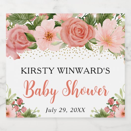 Waterverf Boho Roze Rozen Boho Baby Shower Sparkling Wijnetiket (Enkel label)