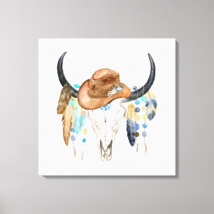 Waterverf Boho Skull en Cowboy Pet Canvas Print