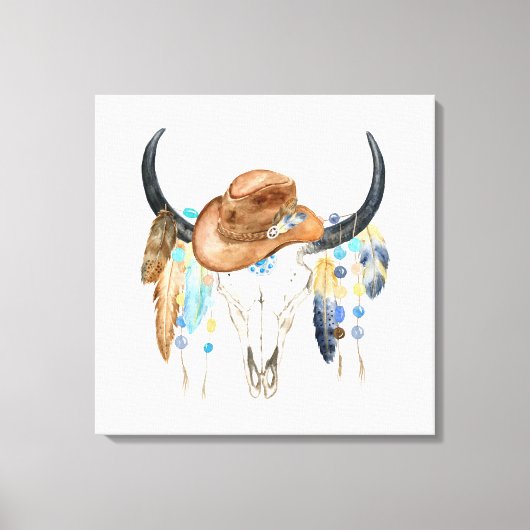 Waterverf Boho Skull en Cowboy Pet Canvas Print (Voorkant)
