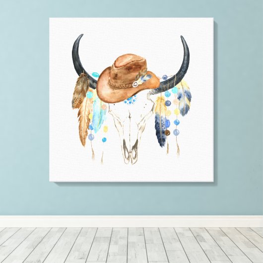 Waterverf Boho Skull en Cowboy Pet Canvas Print (Insitu (Houten vloer))