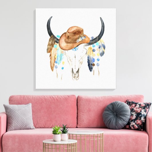 Waterverf Boho Skull en Cowboy Pet Canvas Print (Insitu (Woonkamer))