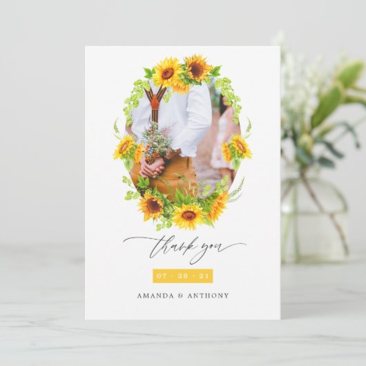 Waterverf Boho Sunflower Weddenfoto Bedankkaart (Staand voorkant)