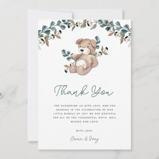 Waterverf Boho Teddy Bear Greenery Baby shower Bedankkaart (Voorkant)