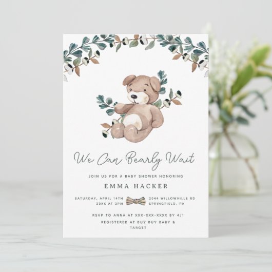 Waterverf Boho Teddy Bear Greenery Baby shower Kaart (Staand voorkant)