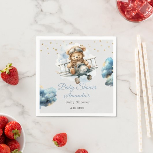 Waterverf boho teddybeer blauw baby shower servet (Insitu)