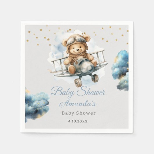 Waterverf boho teddybeer blauw baby shower servet (Voorkant)