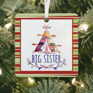 Waterverf Boho Teepee Big Sister Kerstmis Metalen Ornament