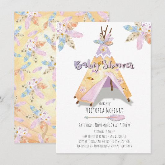 Waterverf Boho Tribal Baby shower Rustic Teepee Kaart (Voorkant / Achterkant)
