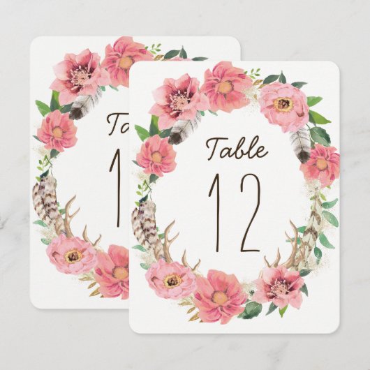 Waterverf Boho Veren Tafel Nummer Kaarten (Voorkant / Achterkant)