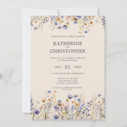 Waterverf BOHO Wildflower Elegant Beige Bruiloft Kaart (Voorkant)