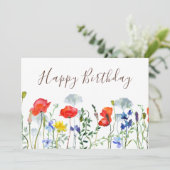 Waterverf Boho Wildflower Poppies Happy Birthday Kaart (Staand voorkant)