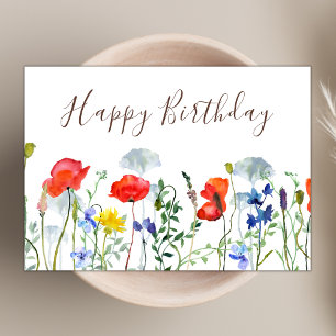Waterverf Boho Wildflower Poppies Happy Birthday Kaart
