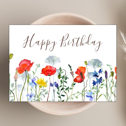 Waterverf Boho Wildflower Poppies Happy Birthday Kaart