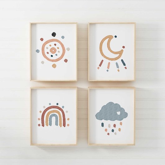 Waterverf Boho zon en maan set van 4 poster