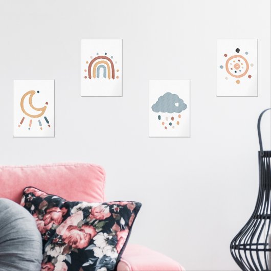 Waterverf Boho zon en maan set van 4 poster (Woonkamer)