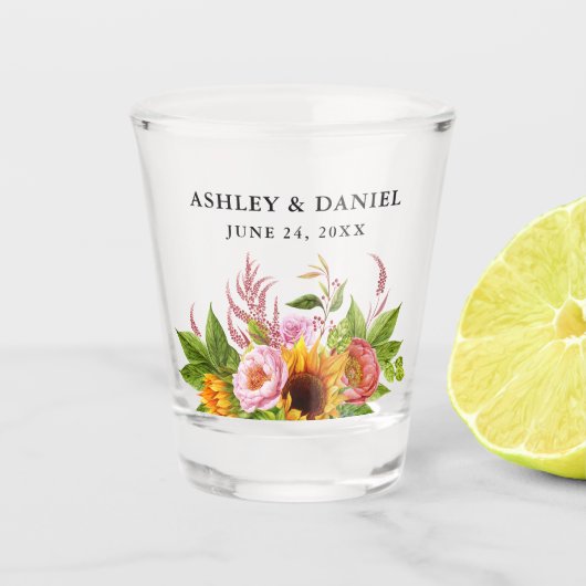 Waterverf Boho Zonnebloem Bloemen Bruiloft Shot Glas (Voorkant)