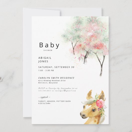 Waterverf bomen en roze Pony Baby shower Kaart (Voorkant)