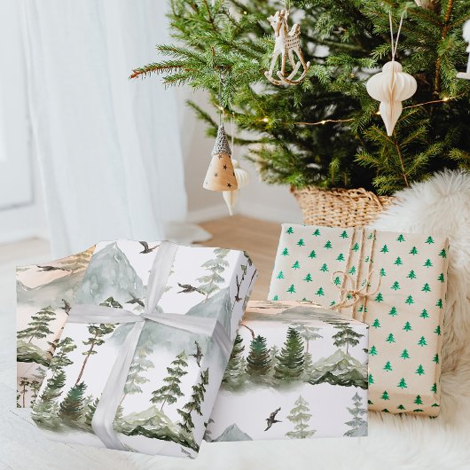 Waterverf bomen en vrolijke kerst cadeaupapier