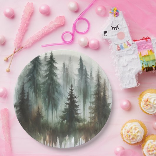 Waterverf Bomen Rustieke Wildernis Bruiloft Papieren Bordje (Feest)