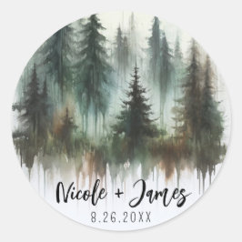 Waterverf Bomen Rustieke Wildernis Bruiloft Ronde Sticker