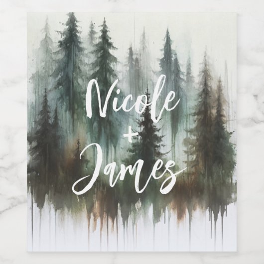 Waterverf Bomen Rustieke Wildernis Bruiloft Wijn Etiket (Enkel label)