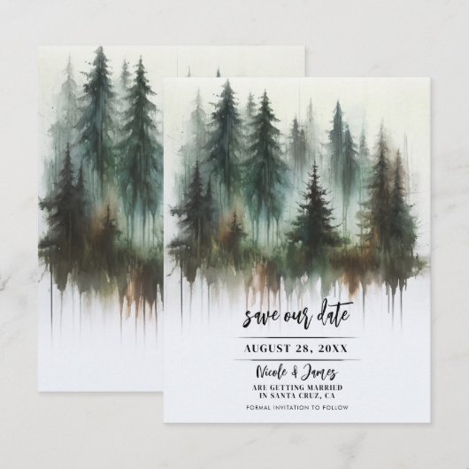 Waterverf Bomen Rustieke Wildernis Save the Date Kaart (Voorkant / Achterkant)
